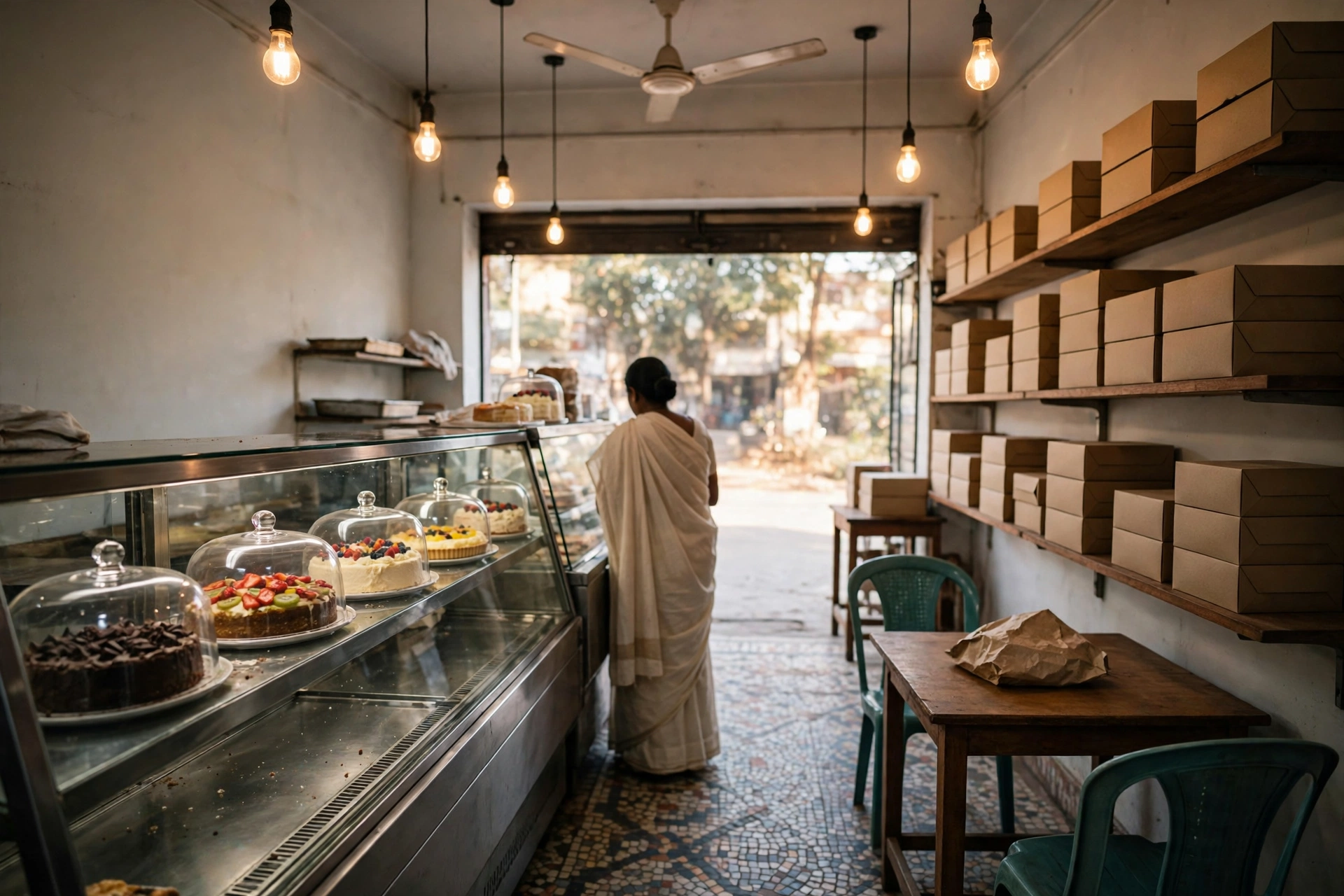 Inside Sheetal's Bakery — the display counter, shelves of cake boxes and a customer at the counter