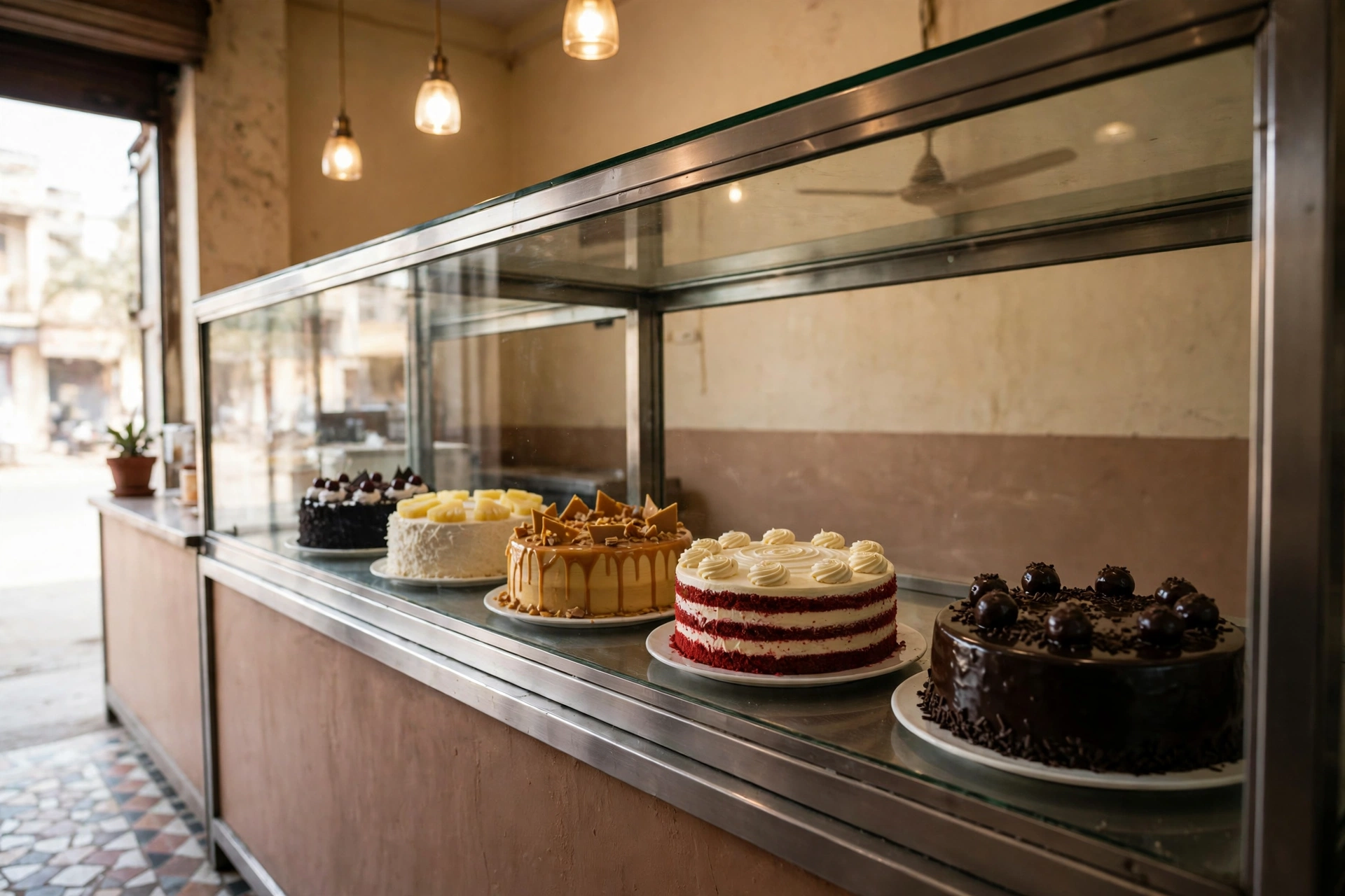 The display case at Sheetal's Bakery — chocolate, pineapple, butterscotch and red velvet cakes in a row