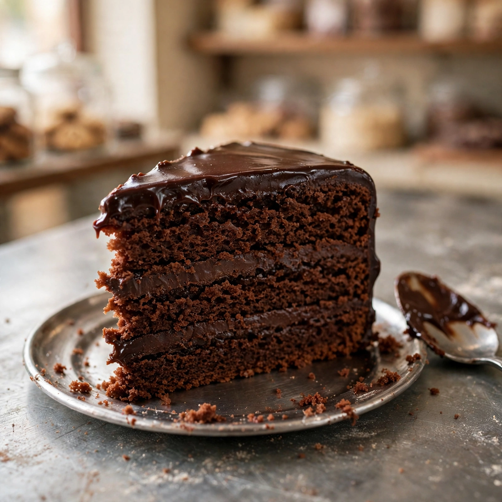 A slice of chocolate truffle cake on a steel plate, with a spoon that has already been used