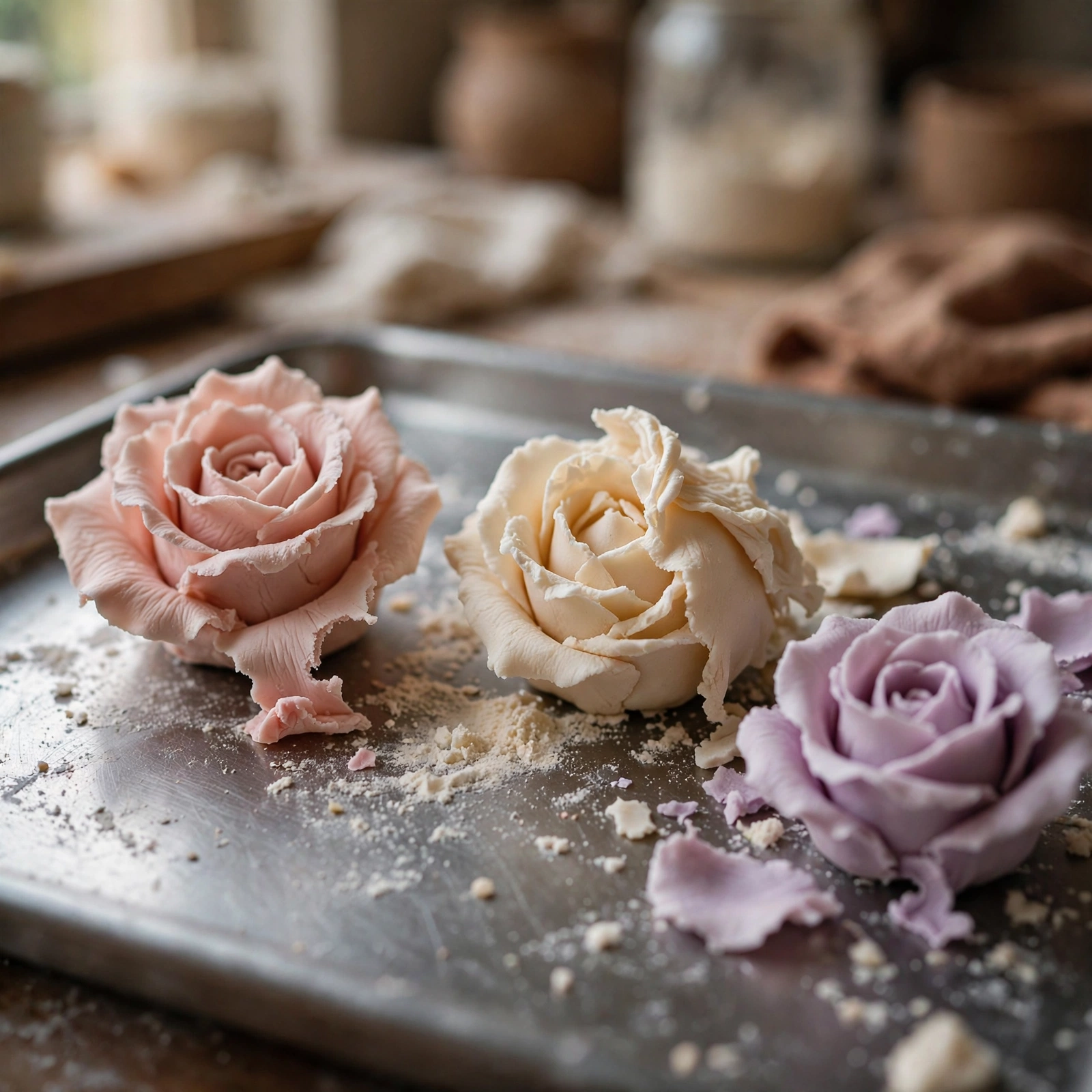 Handmade fondant sugar roses in blush, cream and lavender resting on a steel tray