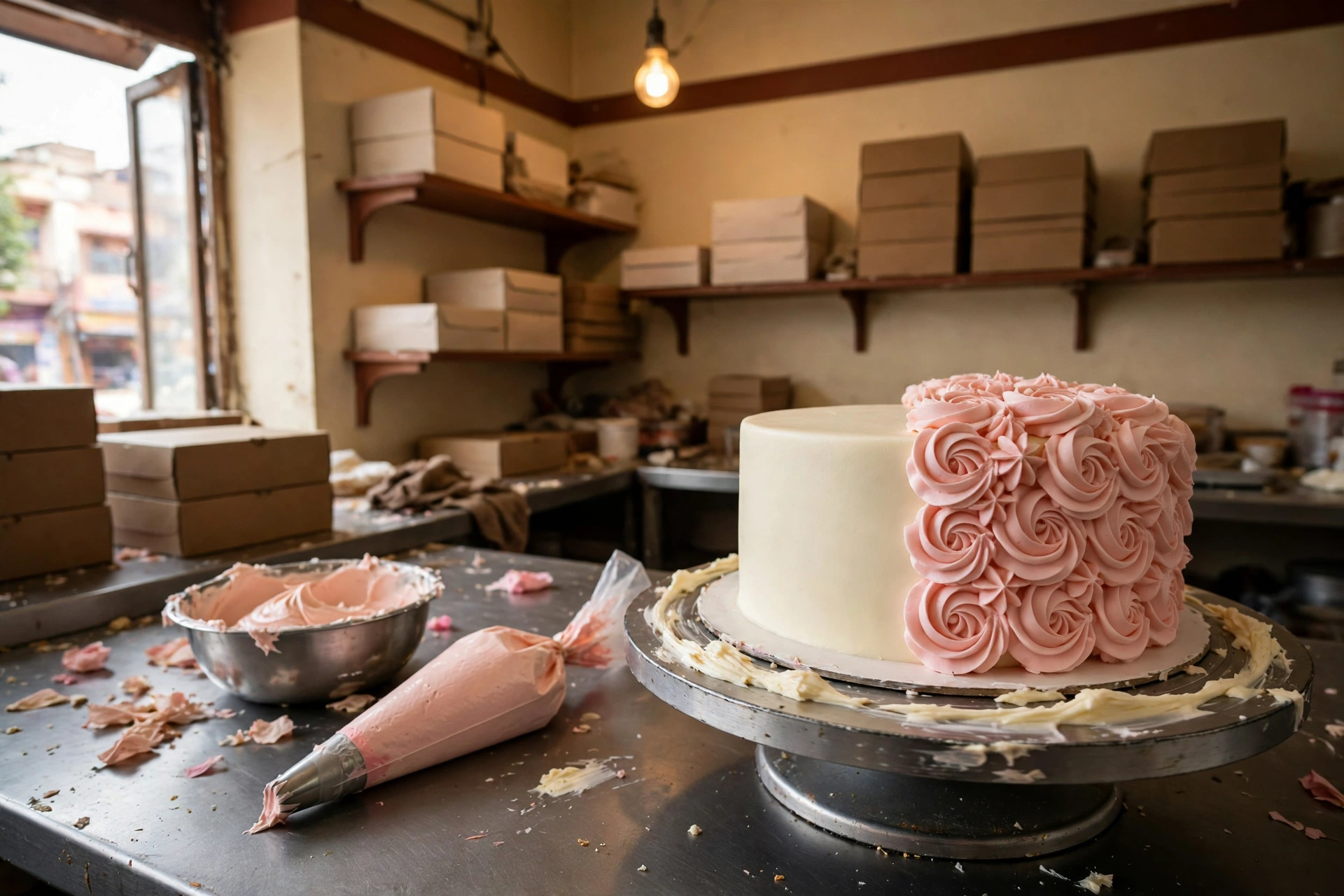 A cake on the turntable at Sheetal's, half finished with blush-pink piped rosettes, piping bag resting beside it