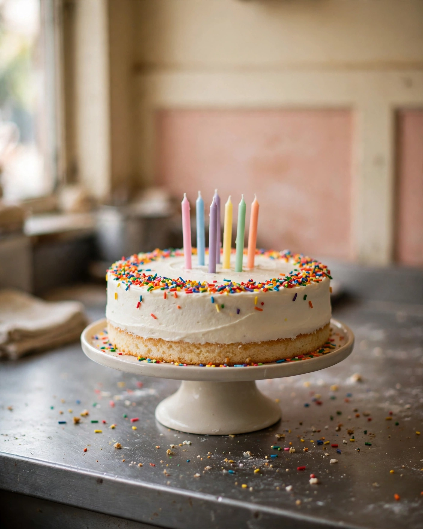 A birthday cake with white buttercream, rainbow sprinkles and pastel candles