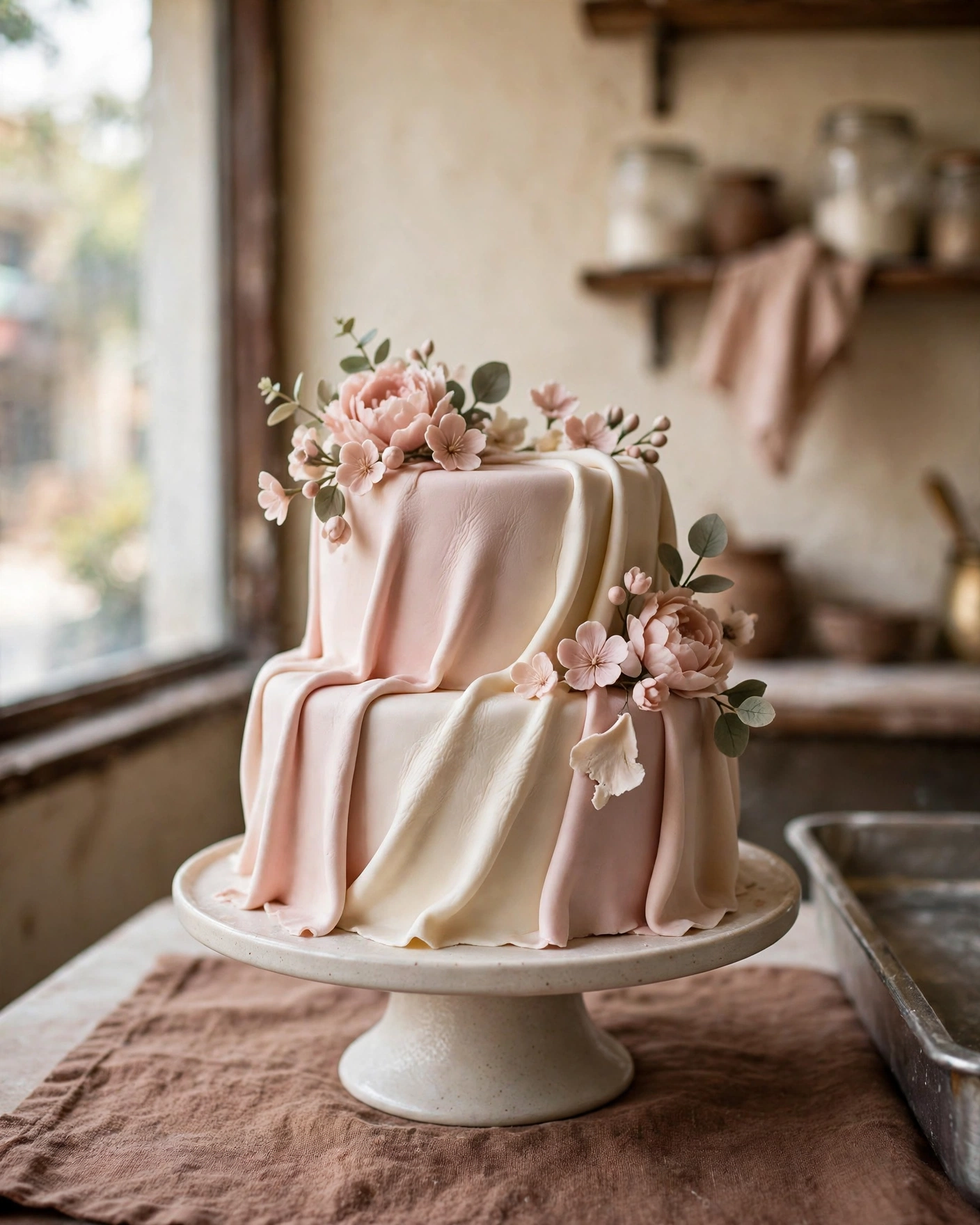 A bespoke fondant cake with handmade sugar flowers