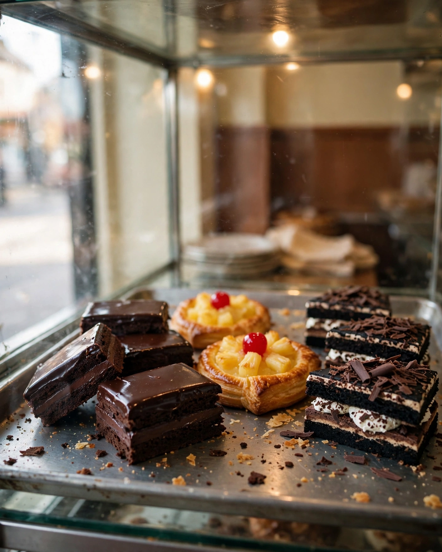 Fresh pastries on a steel tray inside the display case — chocolate, pineapple and black forest