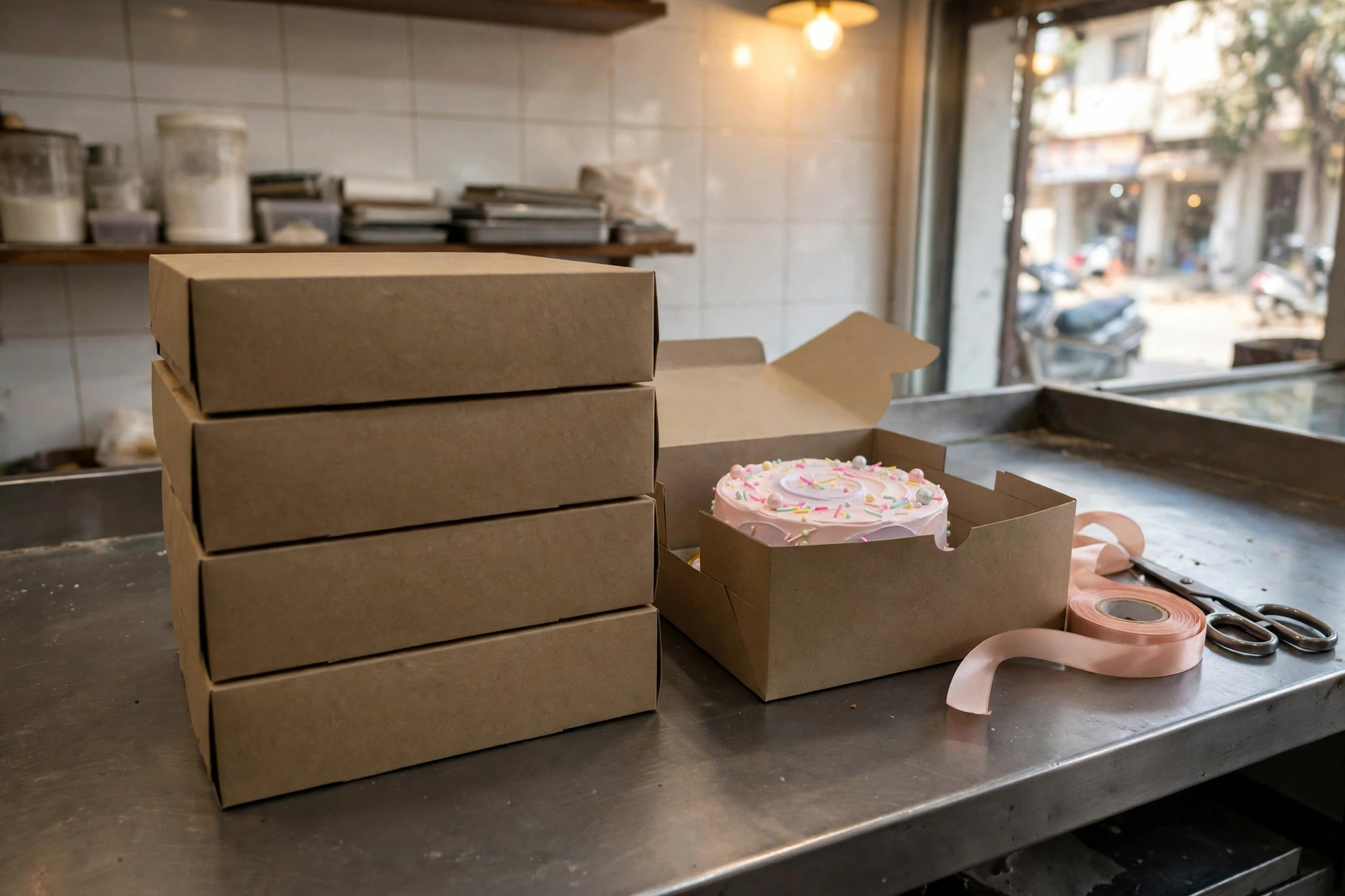 Plain cake boxes stacked on the counter, one open with a pastel cake inside, ribbon beside it
