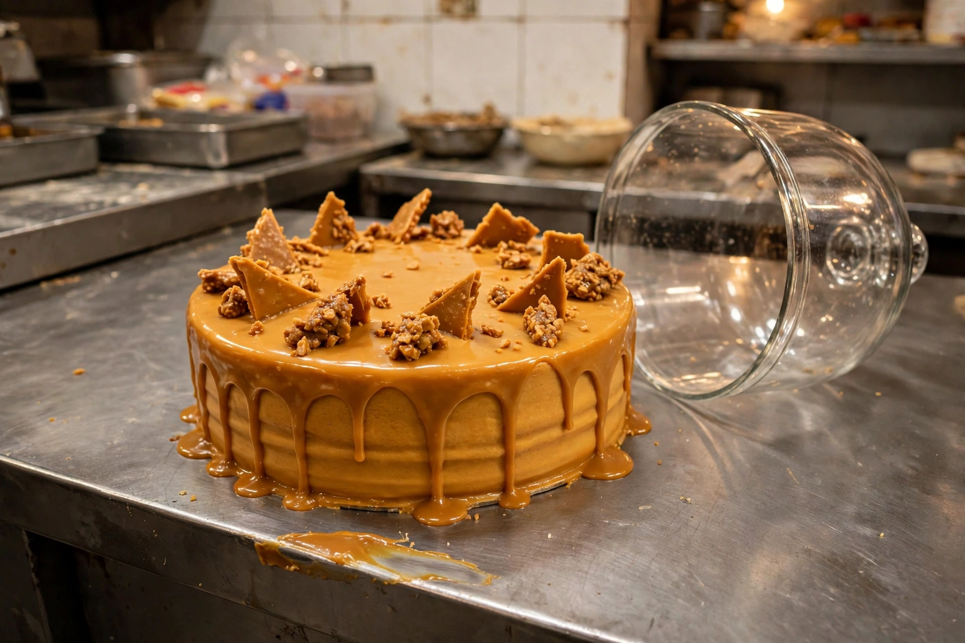 A butterscotch cake with caramel drip and praline shards, dome just lifted