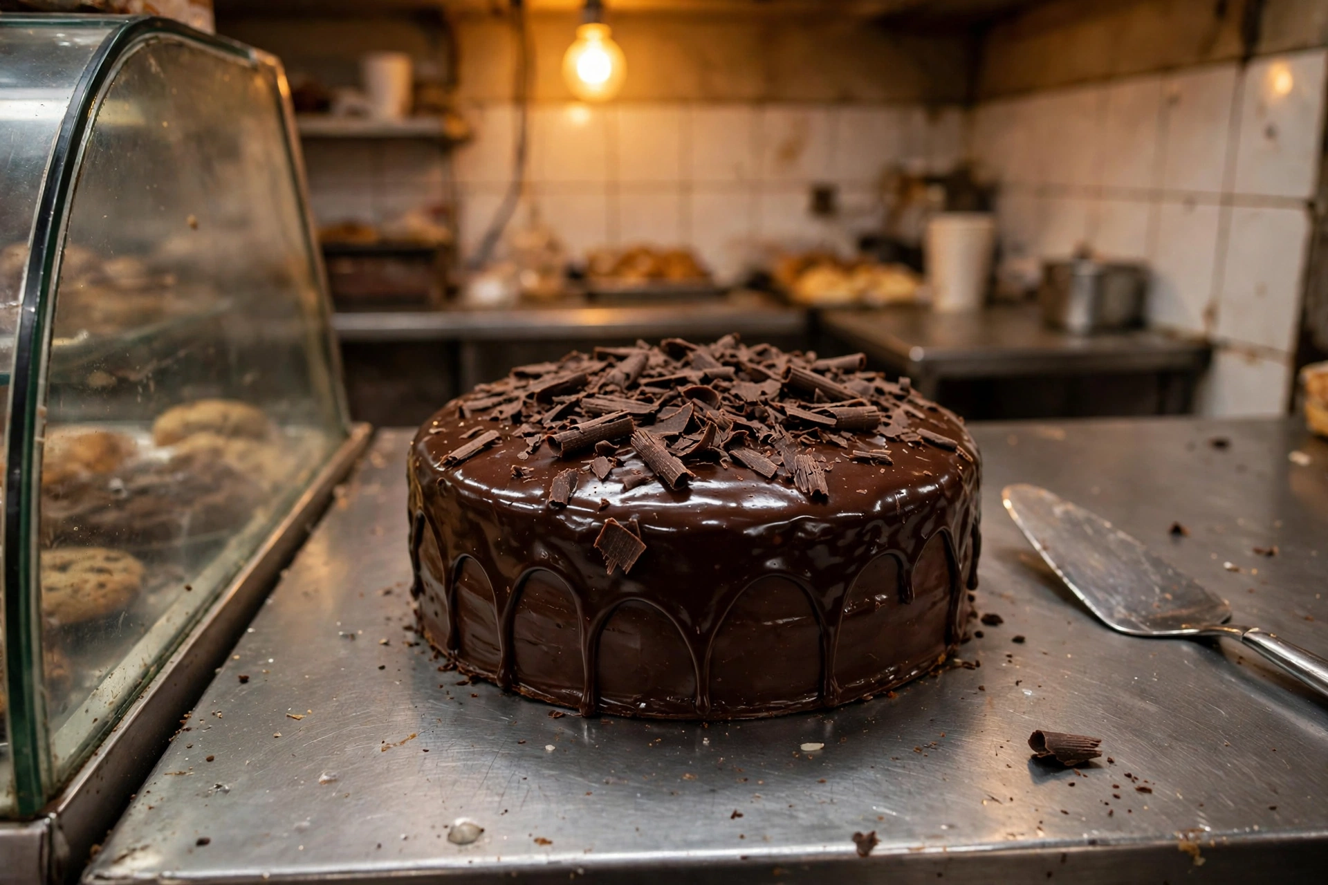 A whole chocolate truffle cake with chocolate shavings, on the steel counter