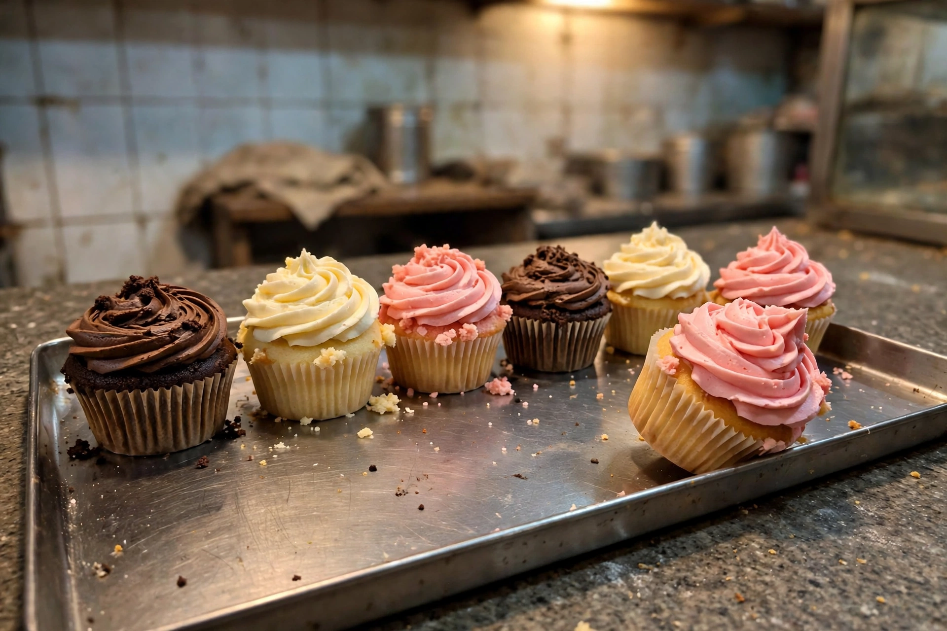 Assorted cupcakes — chocolate, vanilla and strawberry — on a steel tray
