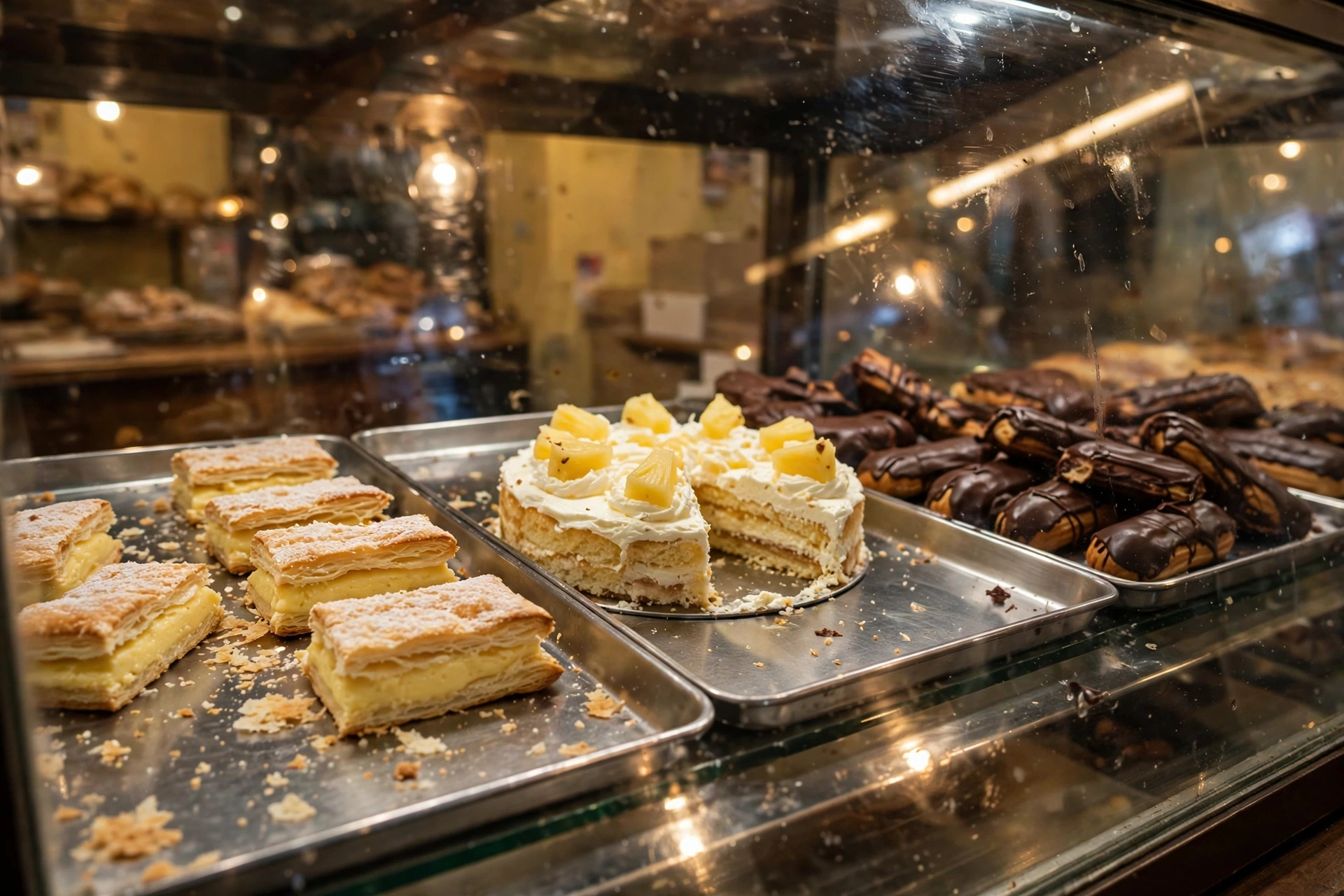 Pastries, a pineapple cake and chocolate eclairs seen through the display case glass