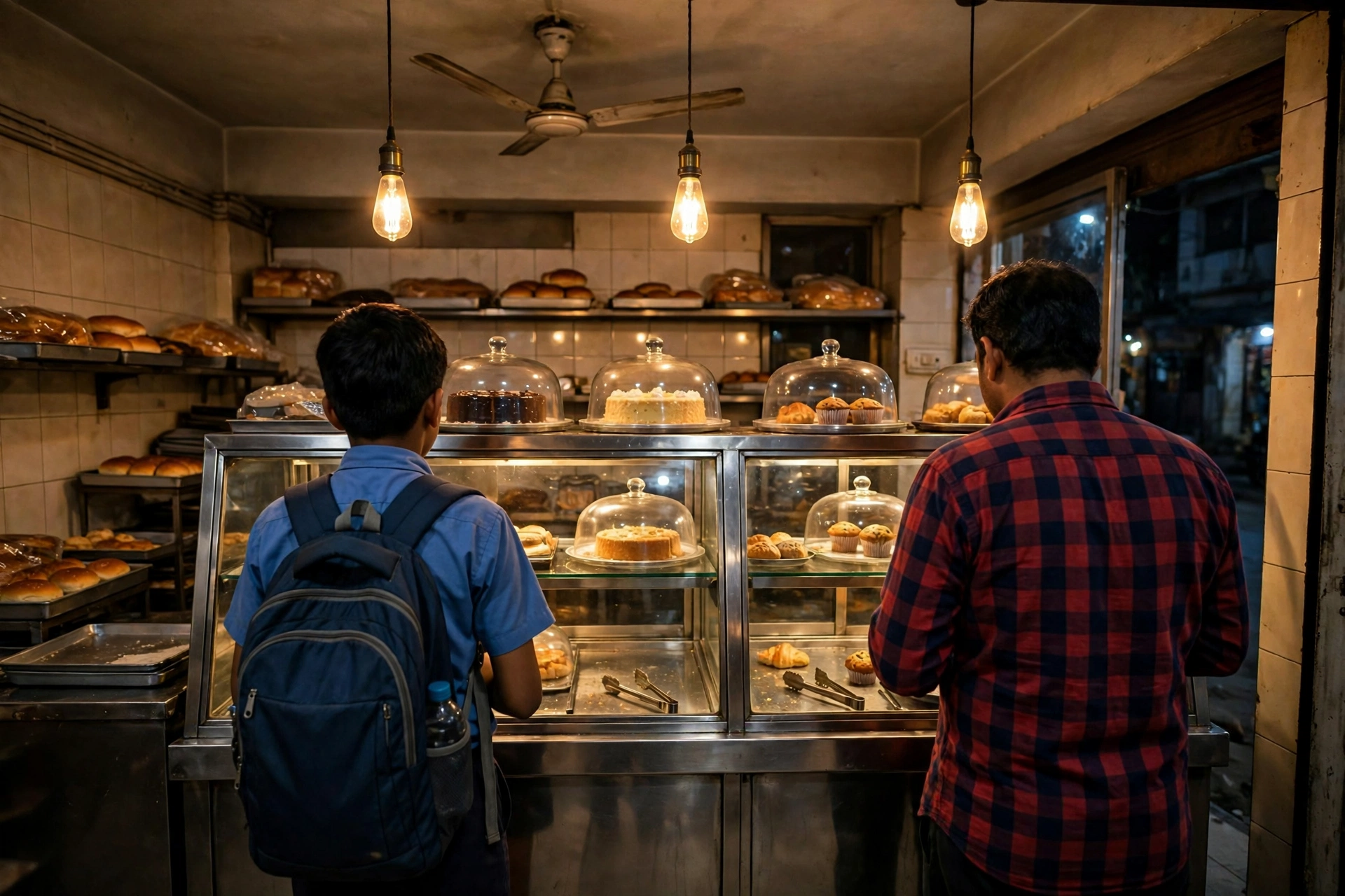 Customers at the display counter in the evening, cakes under glass domes