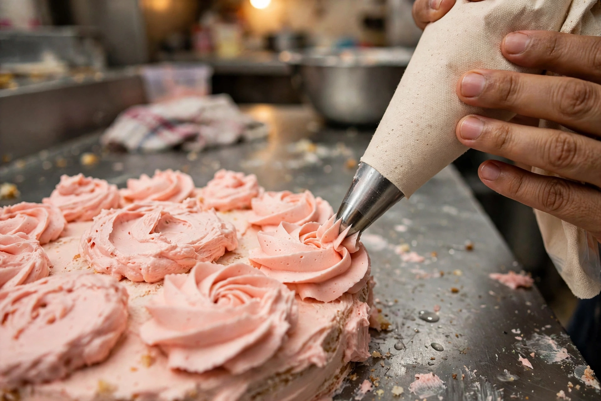 A hand piping blush-pink buttercream rosettes onto a cake