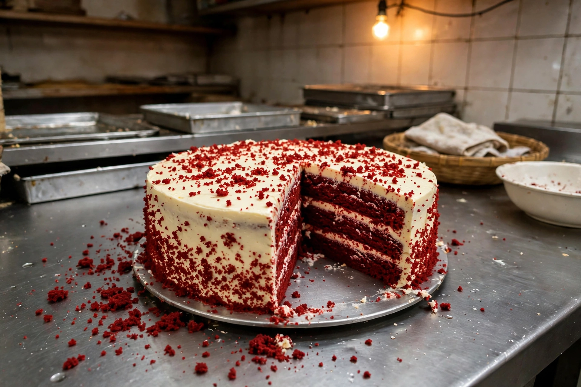 A red velvet cake with a slice cut out, showing the red layers