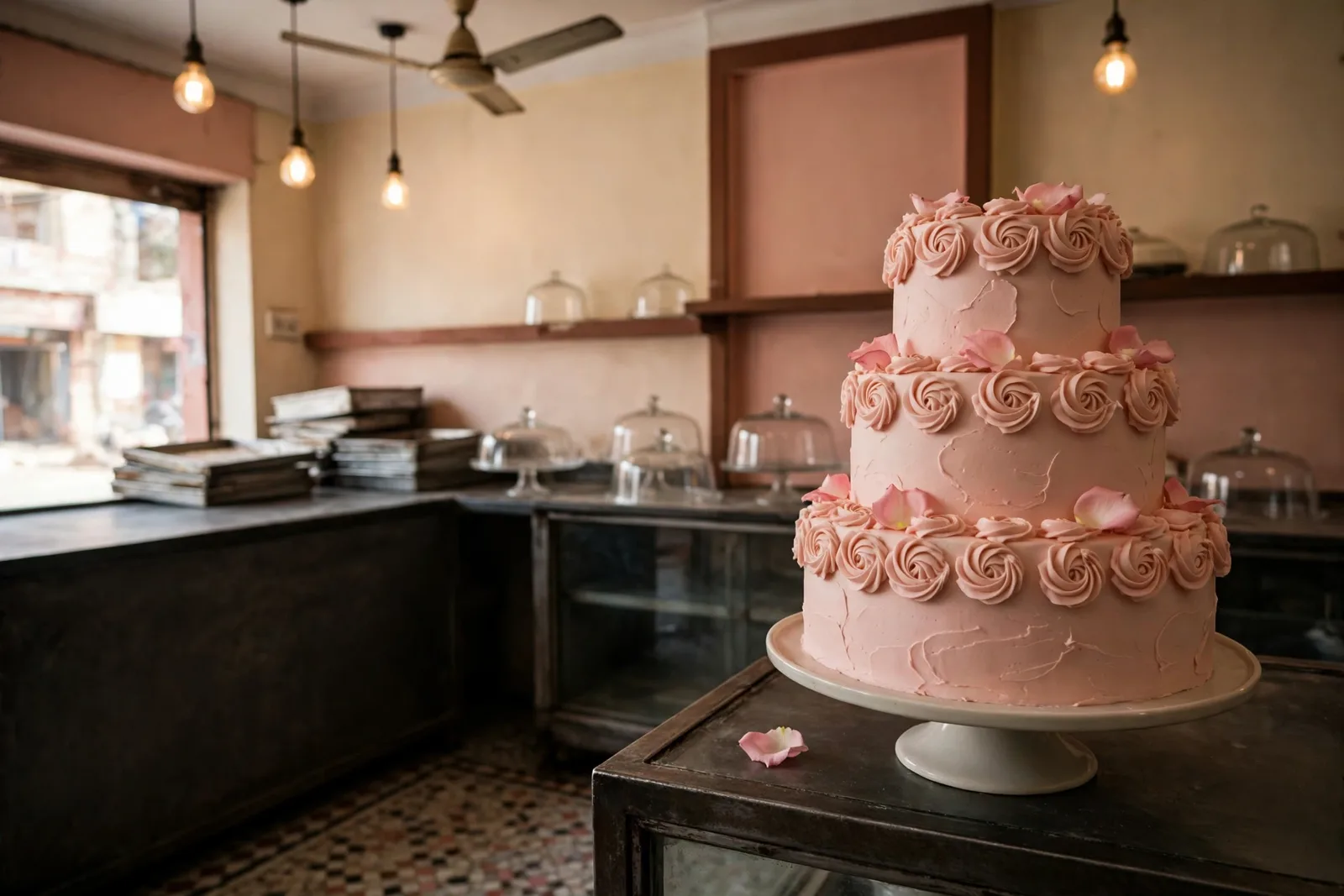 A three-tier blush-pink designer cake with piped rosettes on the counter at Sheetal's Bakery, Bhopal