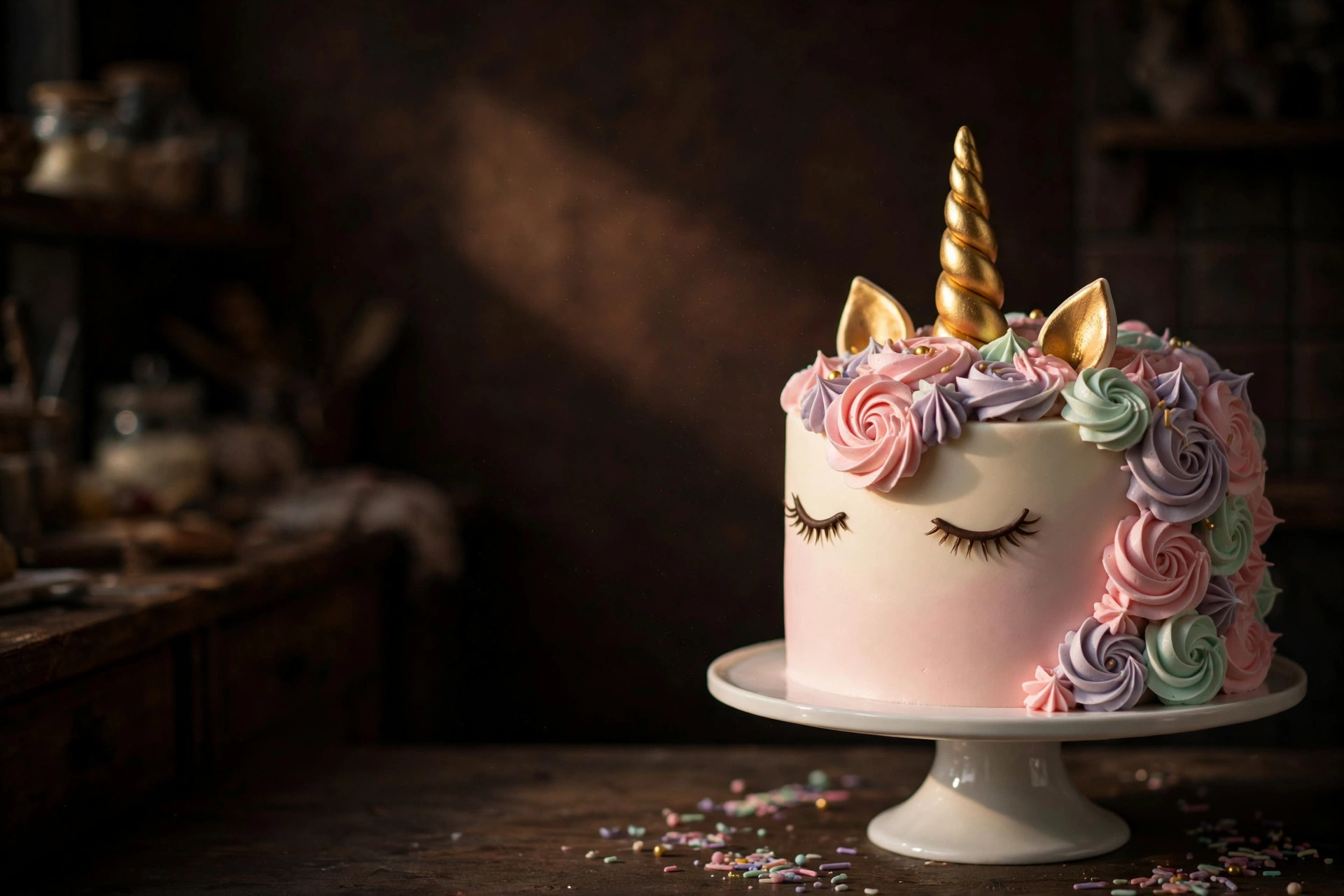 The signature unicorn cake — pastel rosette mane, gold horn and fondant ears