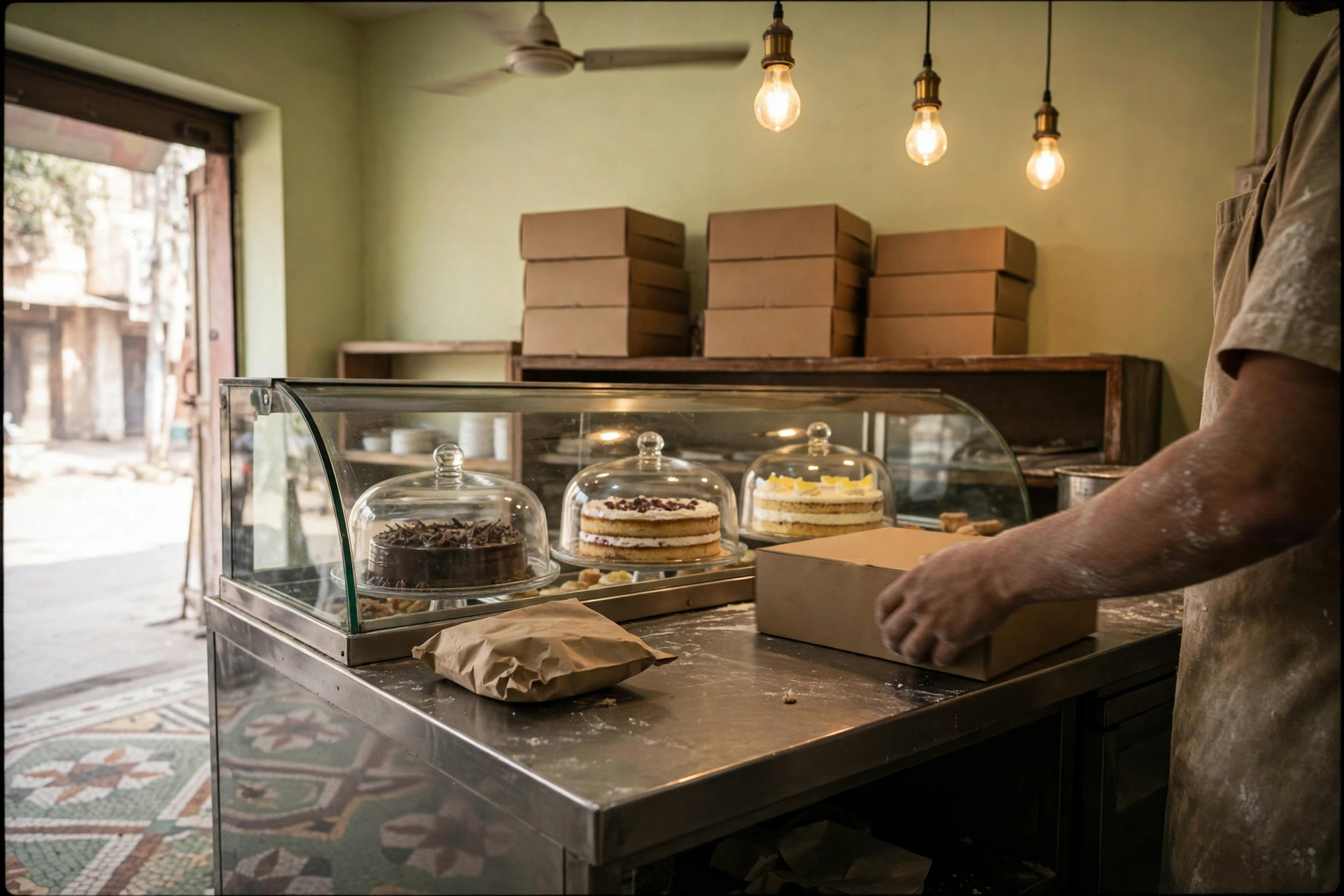 Inside Sheetal's Bakery — cakes under glass domes on the steel counter, cake boxes stacked behind